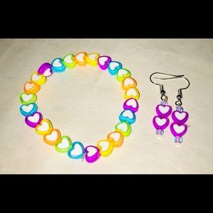 MULTI COLORED HEARTS STRETCHY BRACELET AND EARRINGS SET